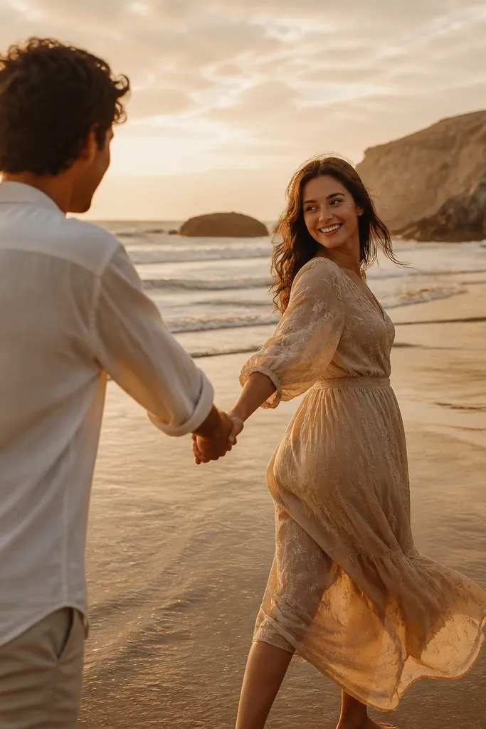 A couple walking along wet sand at golden hour, the partner in front turning their head back while the other gently follows, both smiling with natural wind in their hair and fabric.
