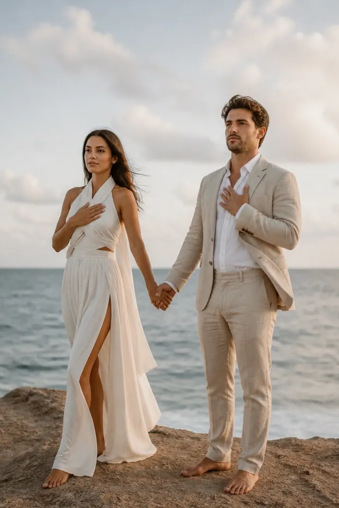 Both partners stand facing the ocean, one hand over the chest and the other hand holding the partner’s fingers, with their bodies angled slightly toward the camera.