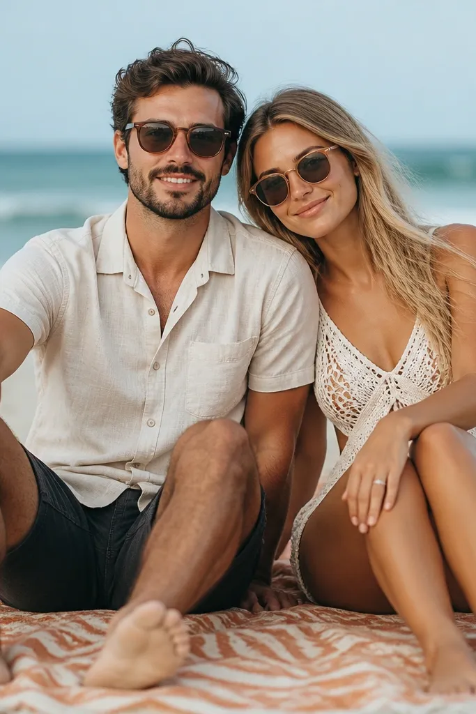 The couple sits on a patterned beach towel, legs angled toward the camera, one person’s back straight and the other leaning in slightly, with ocean waves blurred behind.