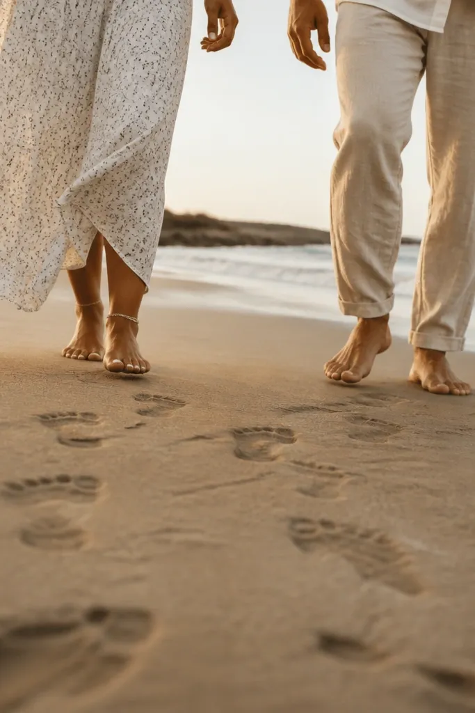 Low-angle shot of the couple’s feet stepping near fresh footprints, with their bodies partially visible above, creating a natural frame around the relationship.