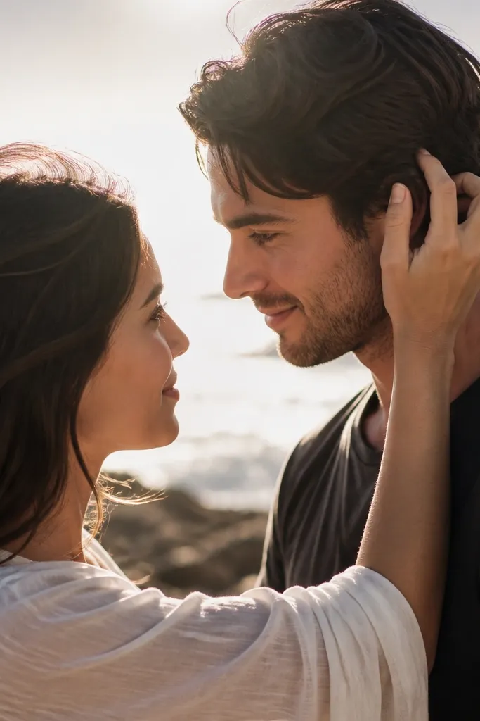 A medium close-up where the woman’s hand gently holds the man’s hair near the ear, both facing each other with soft, natural smiles, sea spray and sun flare in the background.