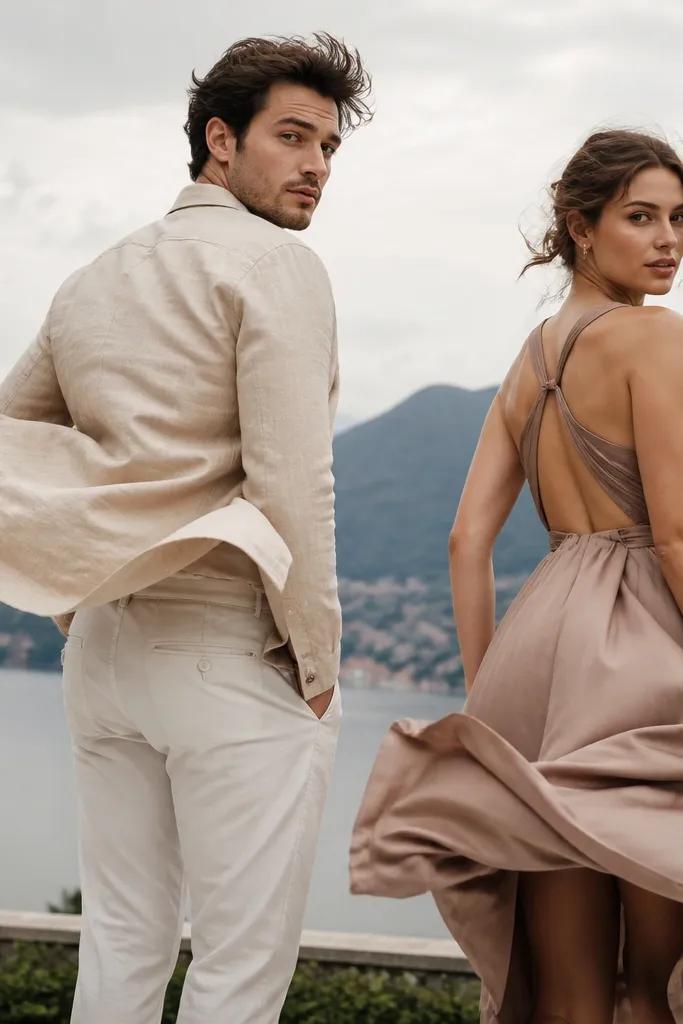 A fashion-forward shot where the man’s lightweight jacket sleeve and the woman’s dress hem are lifted by wind, both looking away from camera then back over shoulders.