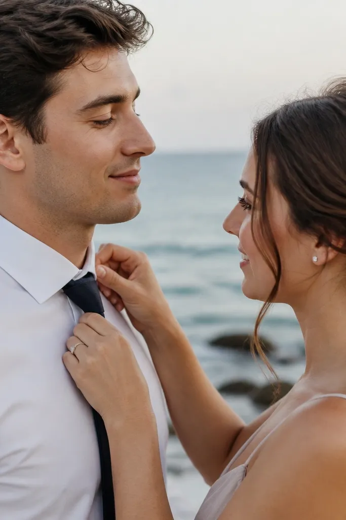 Close-up scene where the woman straightens the man’s tie or collar with both hands while he stands still, ocean behind them, soft smiles and relaxed posture.