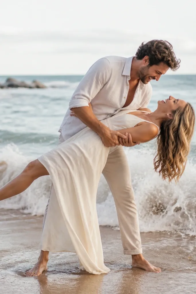 At the edge of small waves, the couple performs a gentle dip where the woman leans back slightly while the man supports her at the waist, both laughing with the ocean splashing behind.