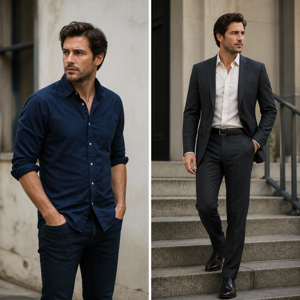 A split image: left shows a man in a navy button-up and dark jeans, slightly rumpled; right shows him in a charcoal suit jacket with a crisp cream dress shirt, sleeves neatly finished, standing on stone steps with a clean belt and polished shoes.