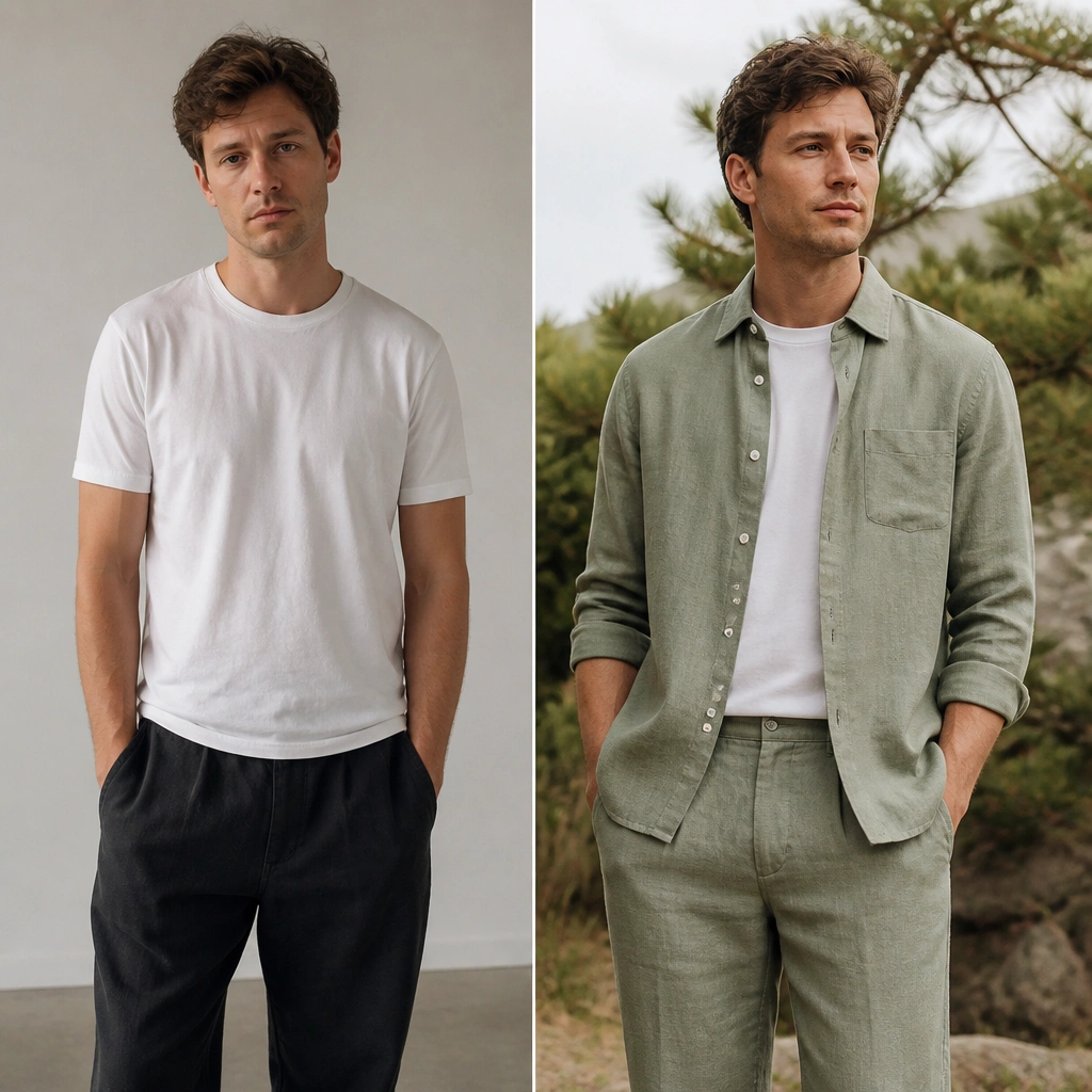 A split image: left shows a man in a plain white t-shirt with loose dark pants, looking a bit washed out; right shows a sage green linen shirt and matching trousers with the top button open, paired with a white tee underneath, outdoors with soft greenery in the background.