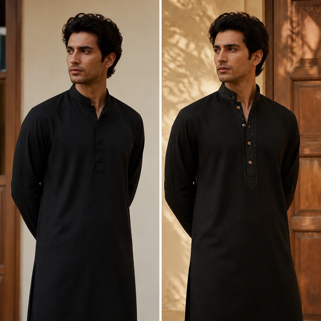 A split image: left shows a man in a basic black kurta with no visible detailing; right shows the same person in a black kurta with gold-toned buttons and subtle embroidery on the placket, warm lighting, and a slightly lifted collar.