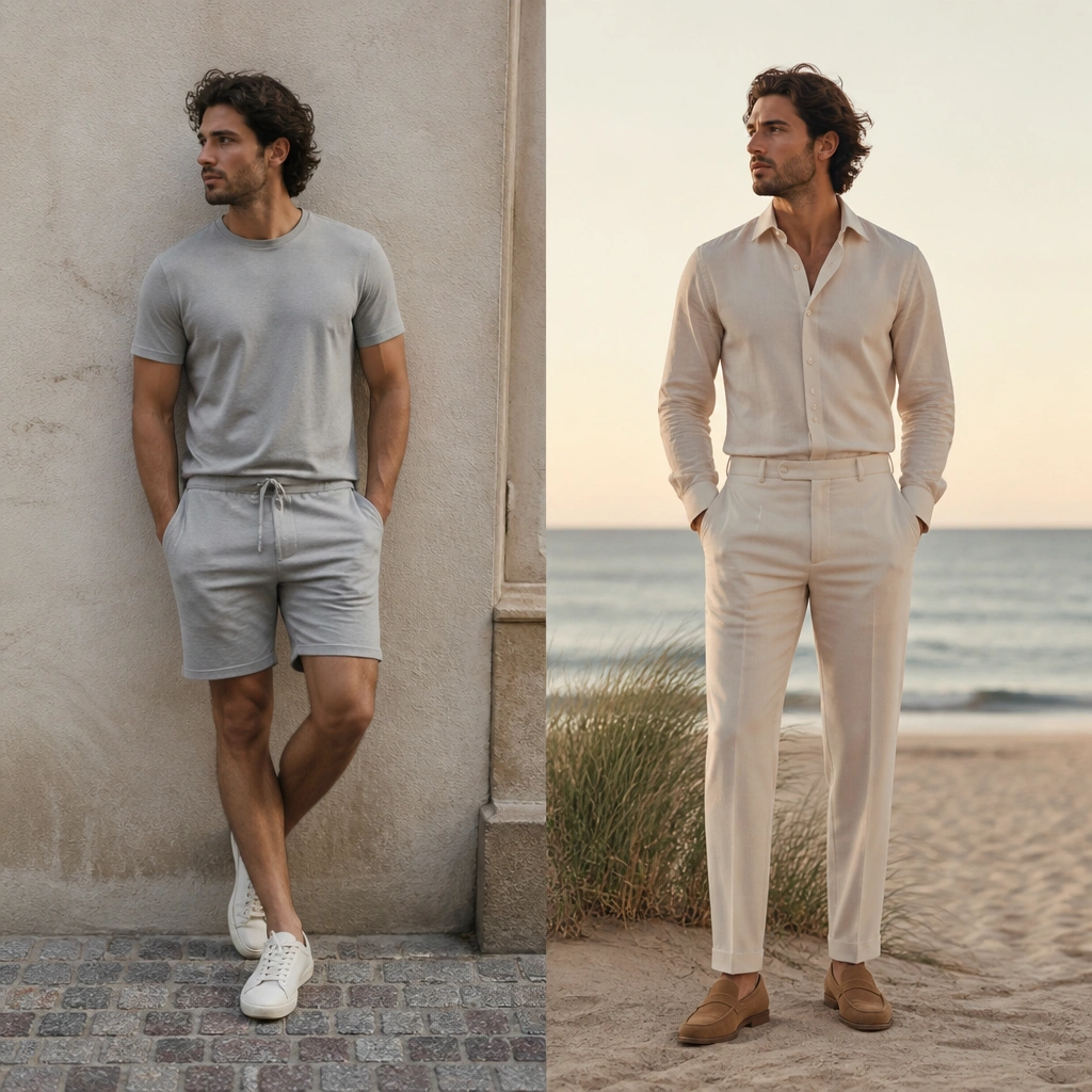 A split image: left shows a man in a light grey t-shirt and shorts; right shows him in a cream set with a tailored shirt and matching trousers, tan loafers, and a clean belt line, standing near sand with wind-blown hair.
