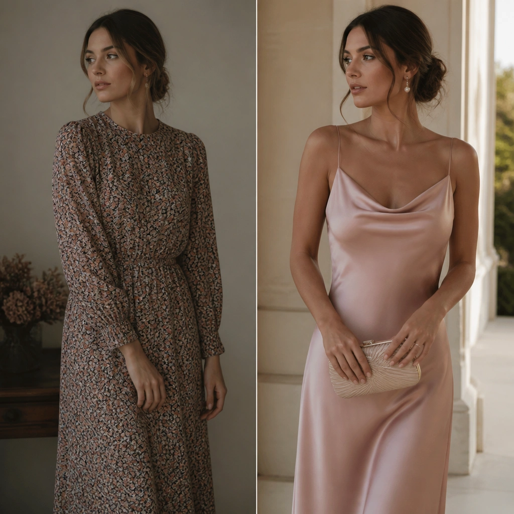 A split image: left shows a woman in a matte floral dress, slightly dull in lighting; right shows her in a blush satin slip dress with a flattering neckline, holding a small clutch, with pearl drop earrings visible.