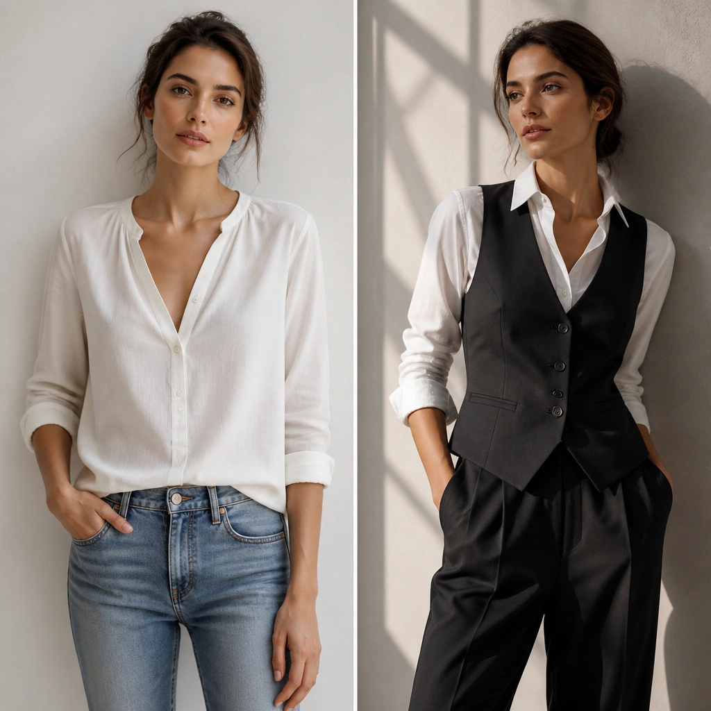 A split image: left shows a woman in a simple white blouse with jeans; right shows her in a fitted white shirt layered with a structured waistcoat and dark tailored trousers, posed in front of a wall with soft shadows.