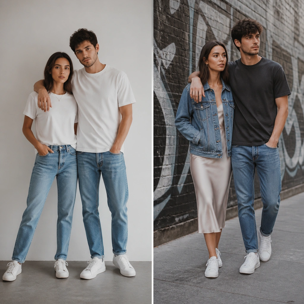 A split image: left shows a couple in plain t-shirts and jeans; right shows the same vibe upgraded with a medium-wash denim jacket over a satin slip skirt for the woman and a dark tee with clean sneakers for the man, on a street with graffiti wall texture.