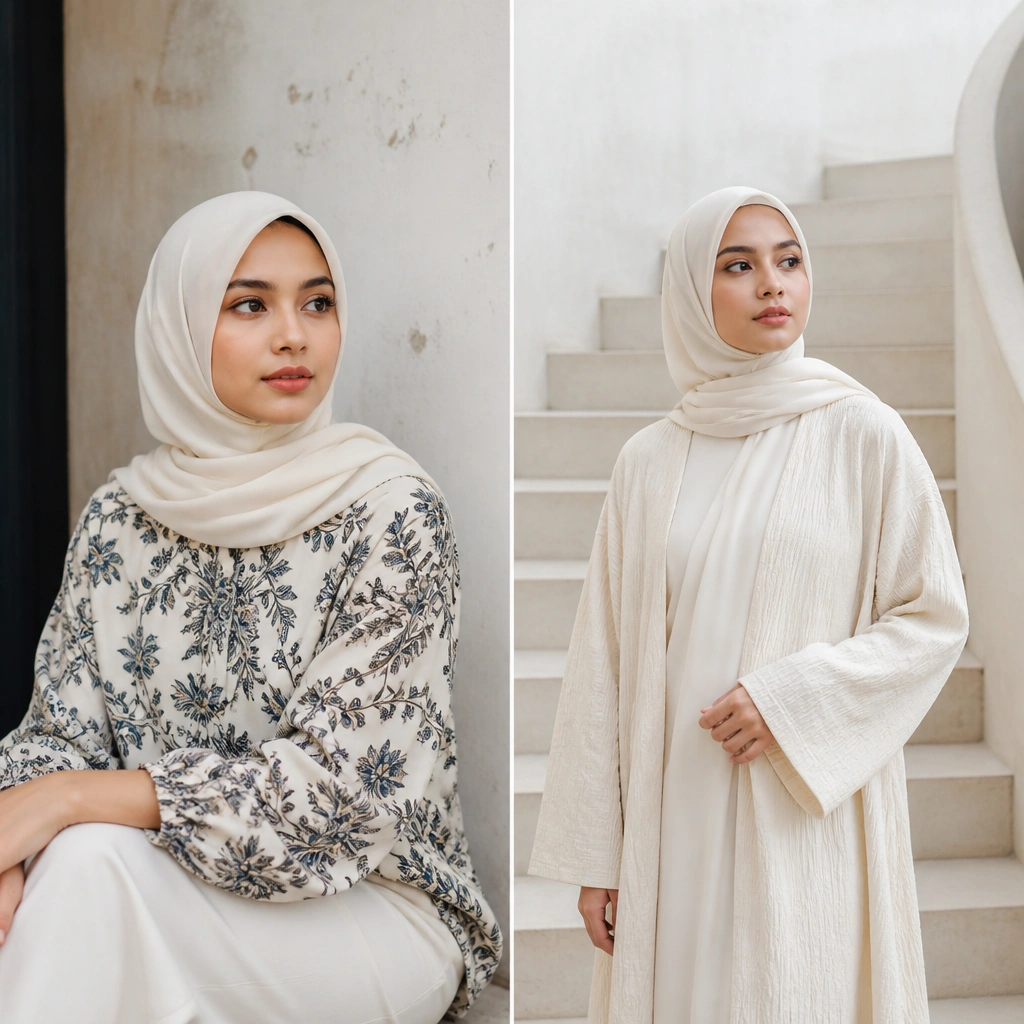 A split image: left shows a woman in a cream hijab with a contrasting patterned top; right shows her in a monochrome cream hijab with a matching textured outerwear layer, standing in front of a minimalist staircase.