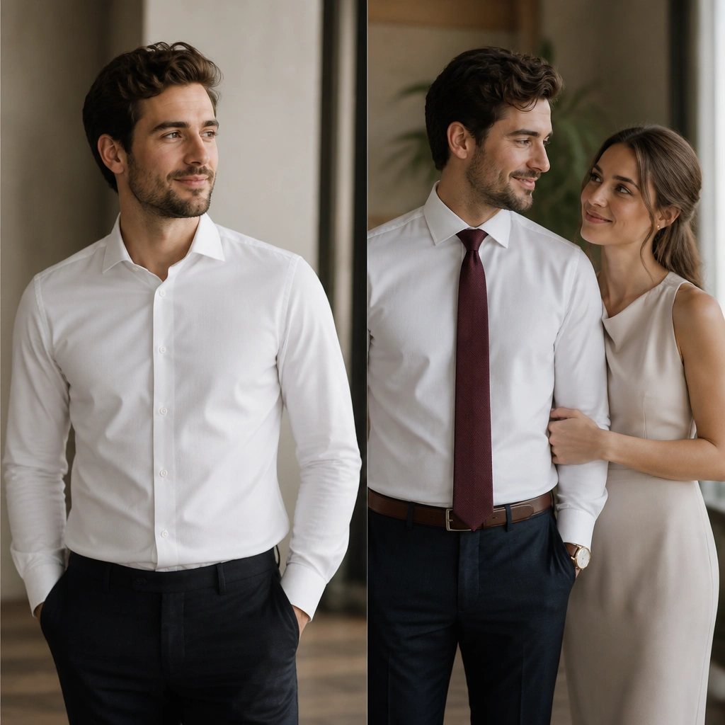A split image: left shows a man in a white shirt with no tie; right shows him with a burgundy tie and a simple watch, standing next to a partner in a neutral dress, with a softly blurred background.
