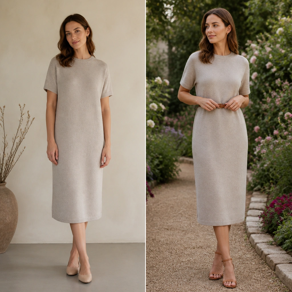 A split image: left shows a woman in a neutral knit dress with a straight silhouette; right shows her in the same dress styled with a thin belt at the natural waist, hands posed near the belt line, in a garden path setting.