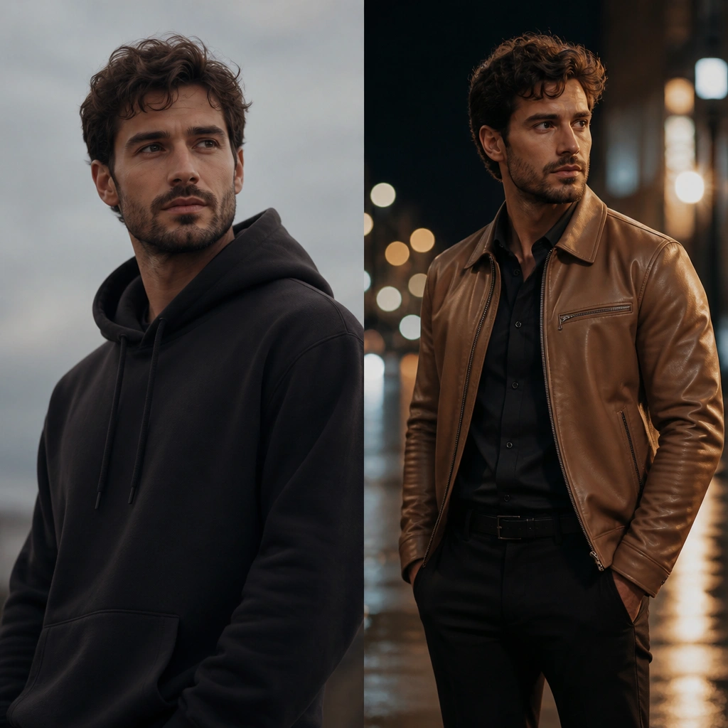 A split image: left shows a man in a dark hoodie; right shows him in a tan leather jacket over a dark shirt with black trousers, standing near night lights with a cinematic bokeh background.