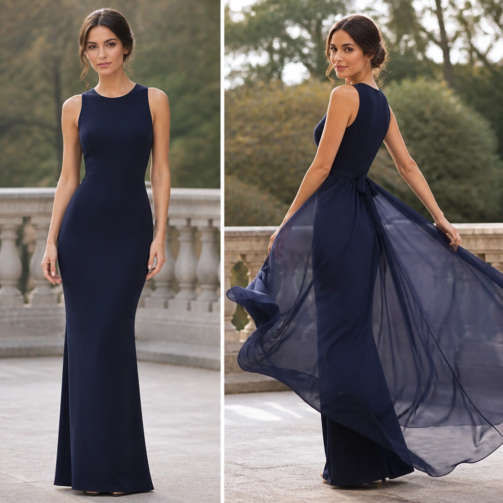 A split image: left shows a woman in a solid fitted dress; right shows her in the same base dress but with a translucent chiffon overskirt that billows as she turns, outdoors with trees in the background.