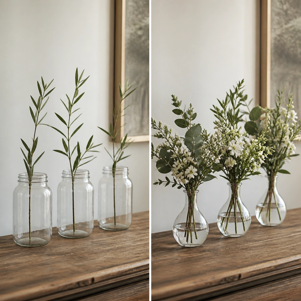 A side-by-side photo: left shows 3 plain mason jars with thin stems; right shows the same jars removed and replaced with clear glass bud vases in a staggered row, each holding fuller greenery and small white blooms.