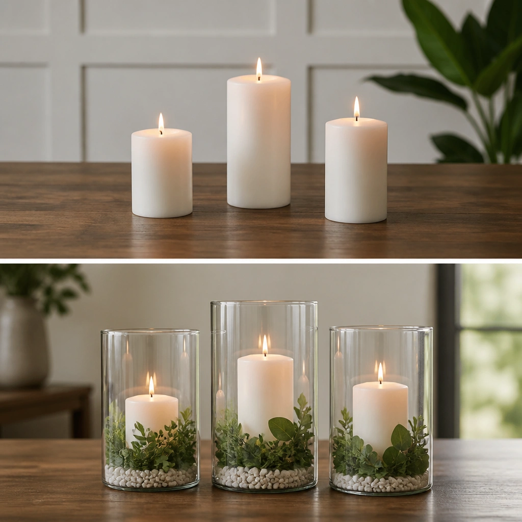 Before: single candles on a bare table. After: candles sit inside clear cylinder terrariums with a ring of greenery and small white stones around the base.