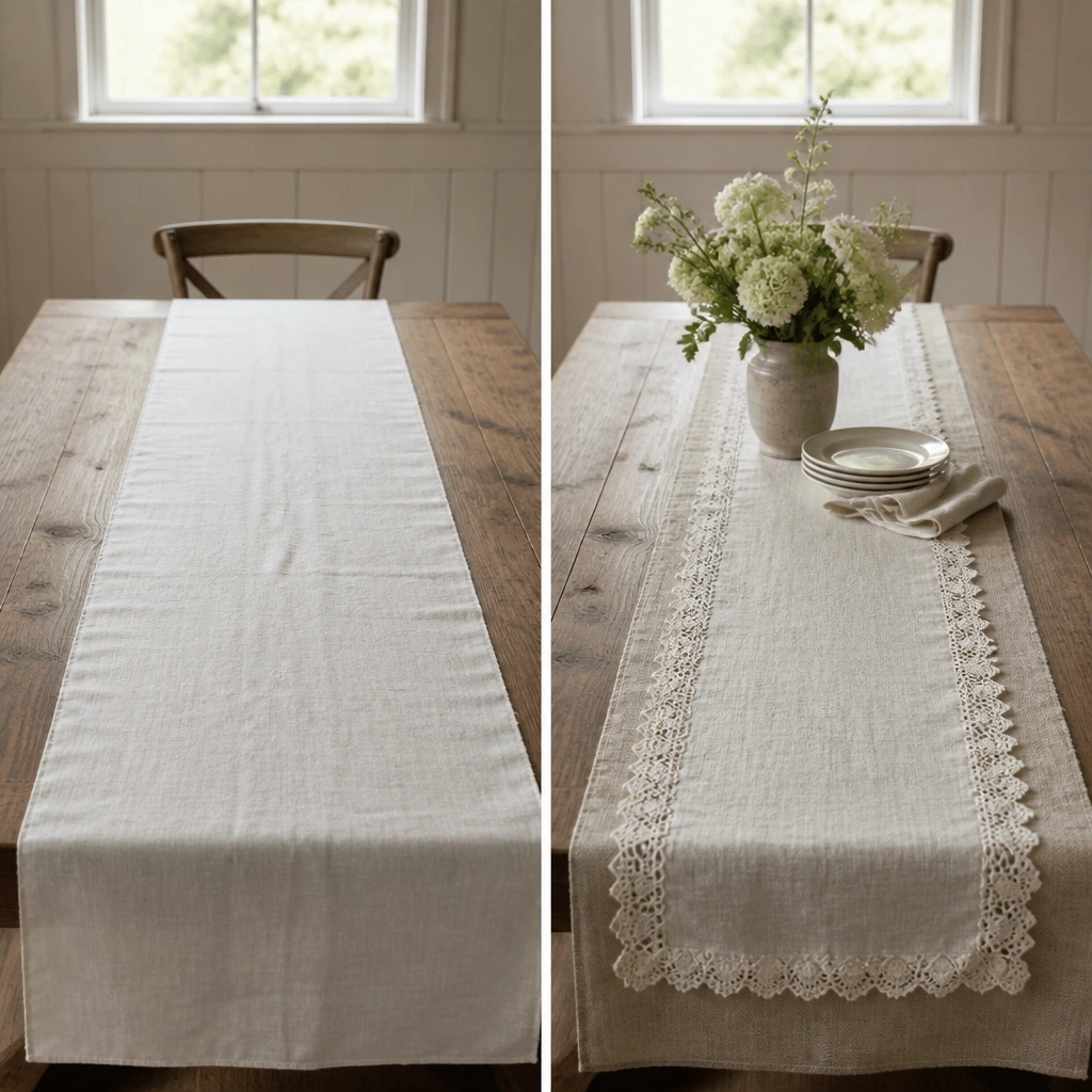 Before: a flat, plain runner. After: a layered setup with a textured neutral linen runner and a second lace-edged overlay placed down the center.