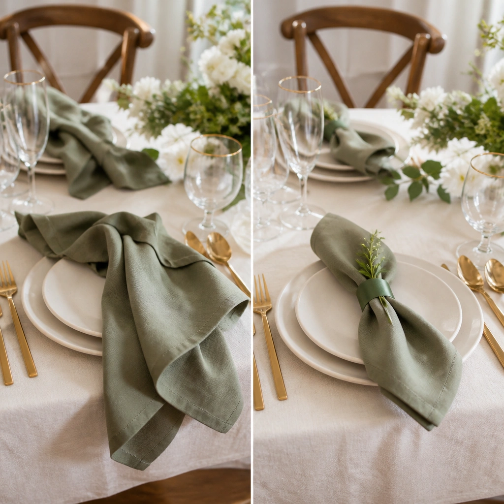 Before: napkins look loosely placed with no tie. After: neatly folded napkins secured with matching satin bands and a small sprig tucked under each band.