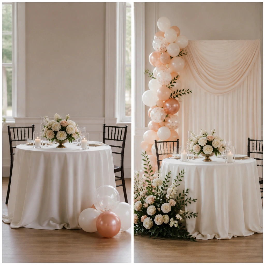 Before: a small balloon cluster on the floor near the table. After: balloons are arranged in a corner with a low floral arrangement and a draped fabric backdrop behind the table.