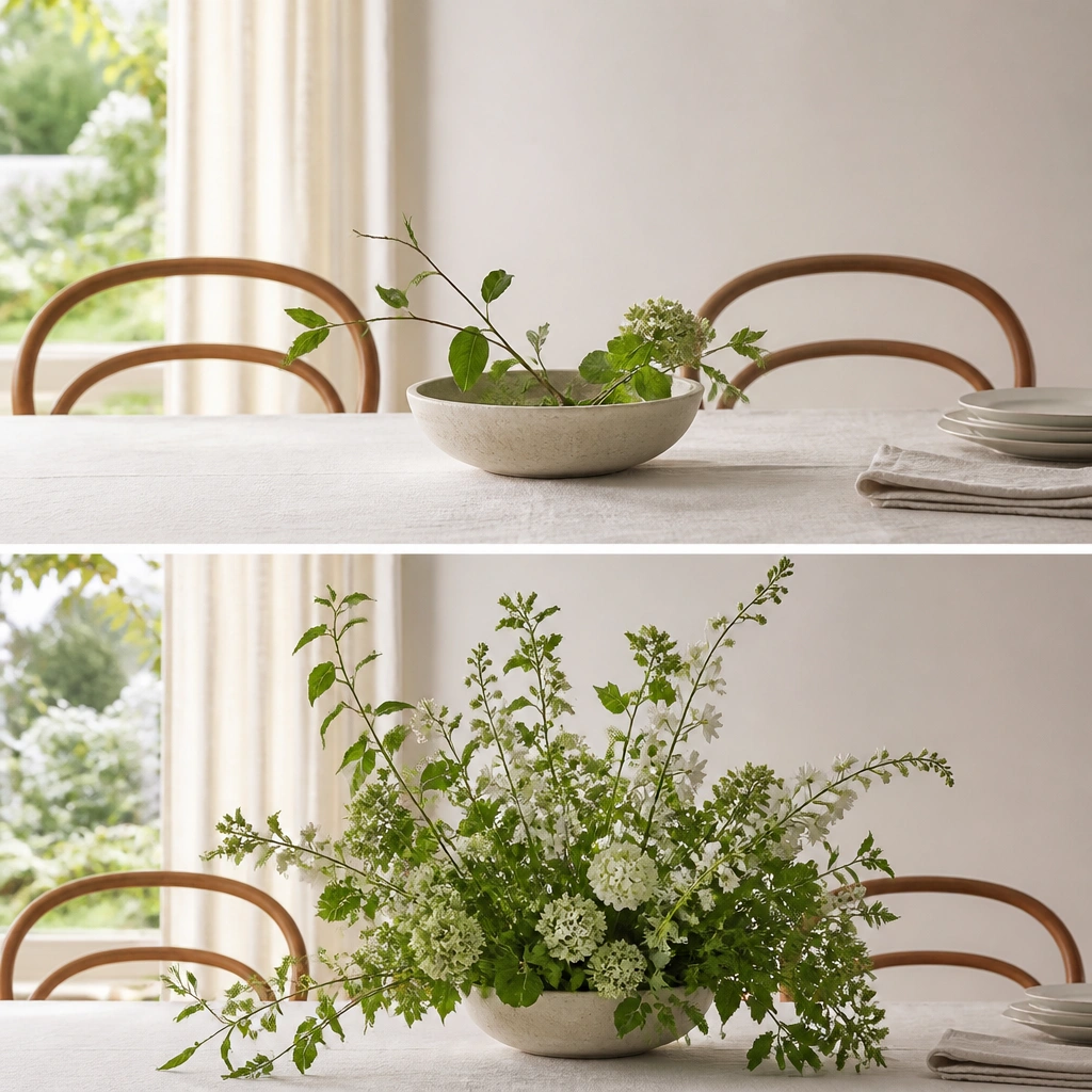 Before: a low bowl arrangement with sparse greenery. After: the same base bowl now holds cascading greenery and taller stems, reaching upward across the table.
