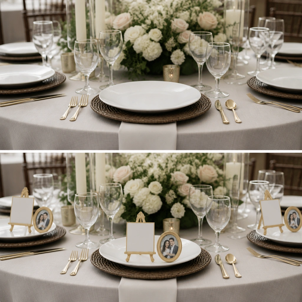 Before: guests’ plates sit without labels. After: each place setting includes a small gold mini easel holding a place card with a matching mini photo frame element beside it.
