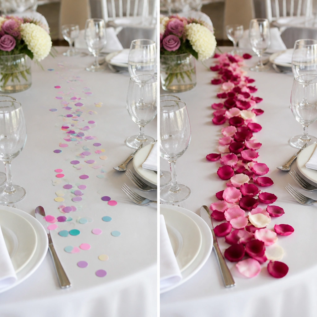 Before: scattered small plastic confetti across the table runner. After: a controlled scatter of real rose petals in a concentrated line between place settings.