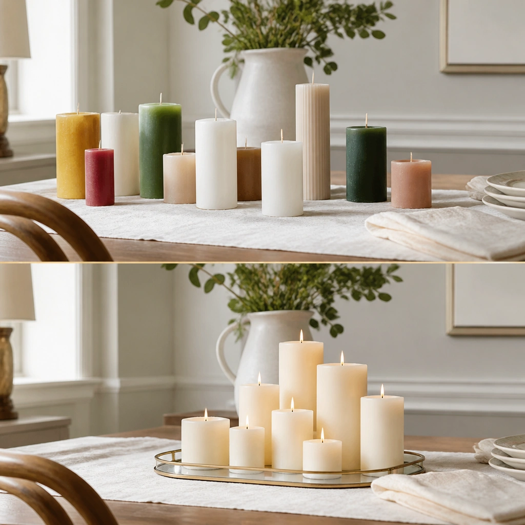 Before: candles of different colors and sizes scattered around the table. After: candles are all in a coordinated cream tone, grouped in a stepped arrangement on a mirrored tray.