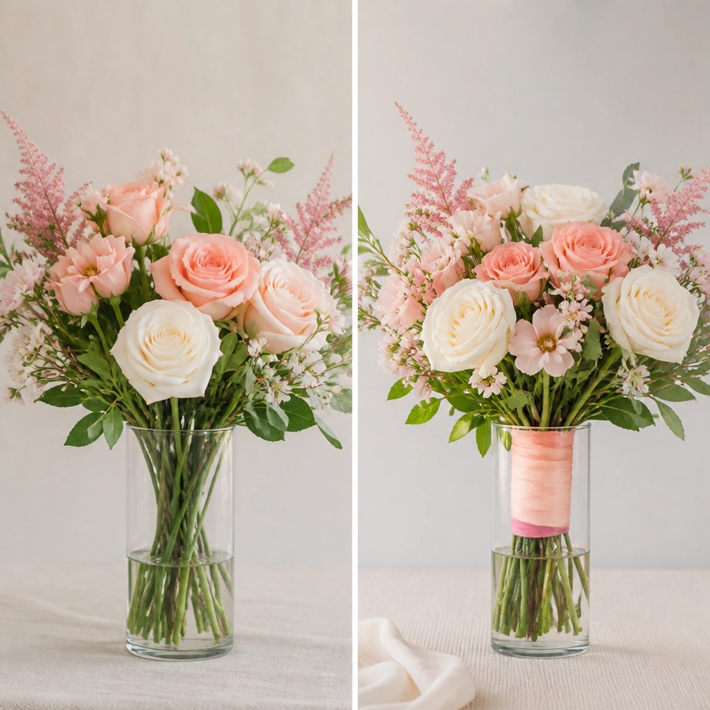 Before: stems in simple vases with no accessories. After: stems are wrapped with thin ombre ribbon bands near the top, and the ribbon color matches the wedding palette.