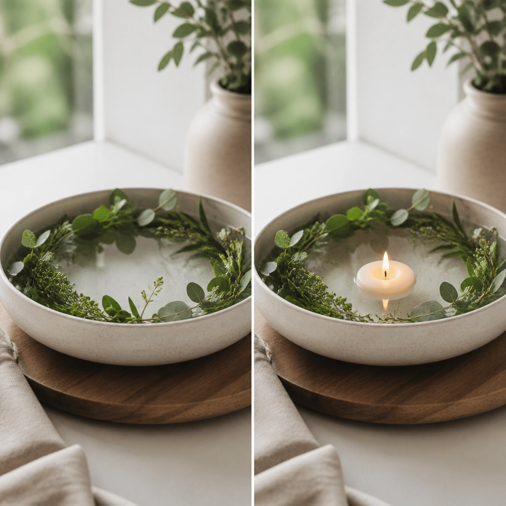 Before: a bowl arrangement with no candles. After: a shallow bowl filled with clear water-like gel holds a small LED candle that appears to float, with greenery around the edge.