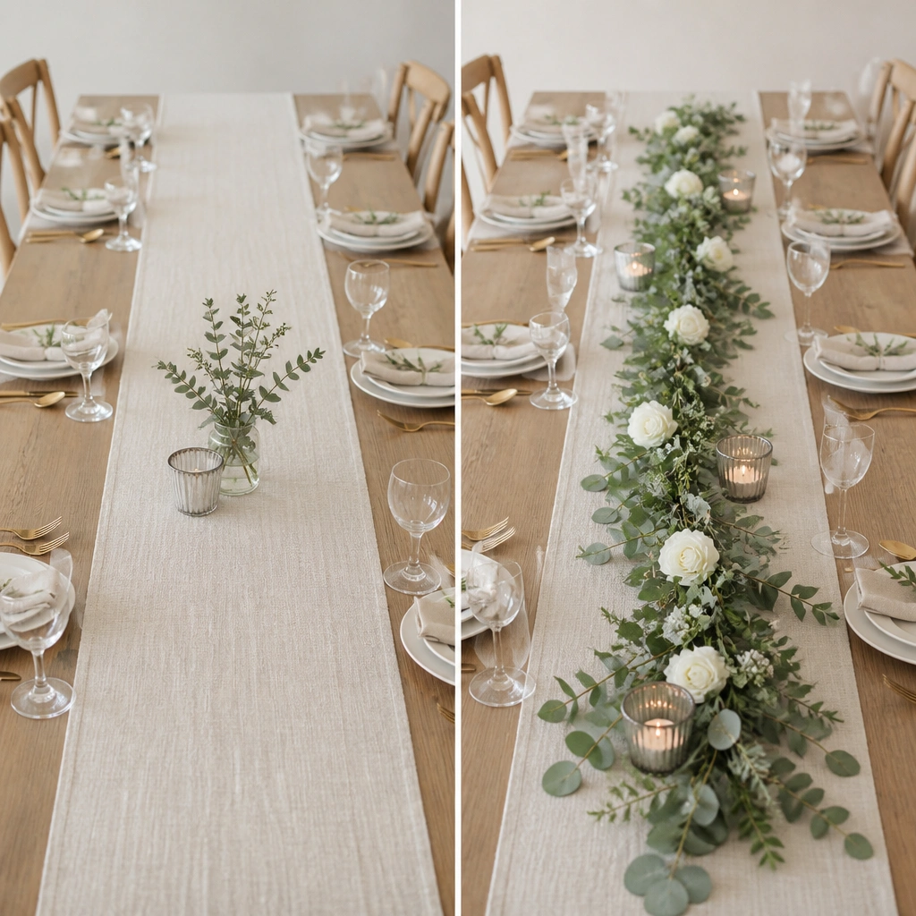 Before: small greenery sprigs placed only at the center. After: a continuous garland runs down the runner with scattered white flowers and evenly spaced candle holders.