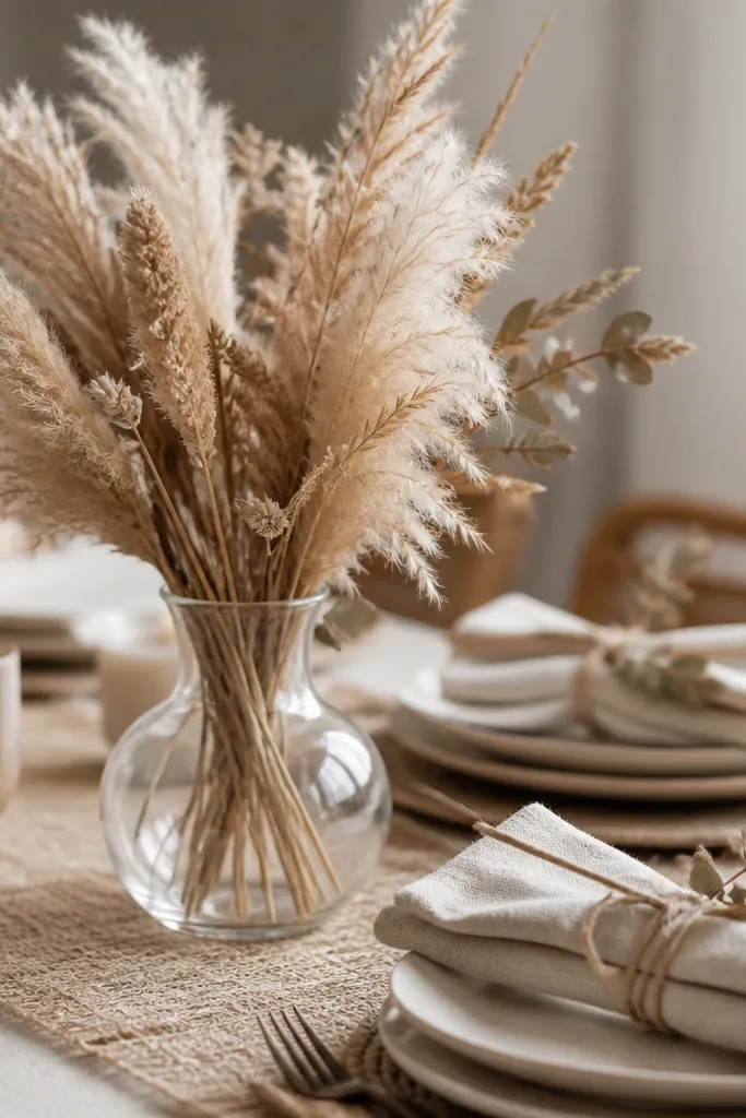 A boho table centerpiece with a small bundle of dried pampas grass in a clear glass vase, paired with neatly wrapped cream linen napkins tied using twine and a tiny sprig of dried eucalyptus.