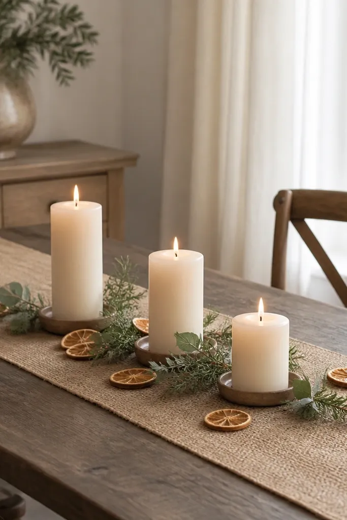 A long jute table runner with three pillar candles of different heights, each in a simple holder, surrounded by small scattered dried orange slices and a few sprigs of greenery.