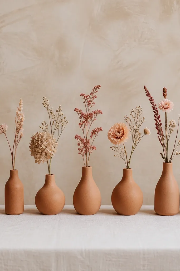 A row of small terracotta bud vases, each holding one or two stems of wild-looking dried flowers, with varying shades of peach, beige, and muted dusty rose.