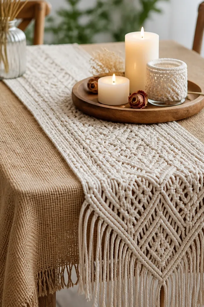 A layered table setup showing a burlap base cloth with a cream macramé runner on top, plus a small wooden tray holding candles and a few dried petals.