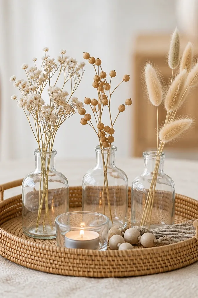 A rattan tray holding three small glass bottles with dried stems, plus a few beads and a tea light in a glass holder on a boho table.