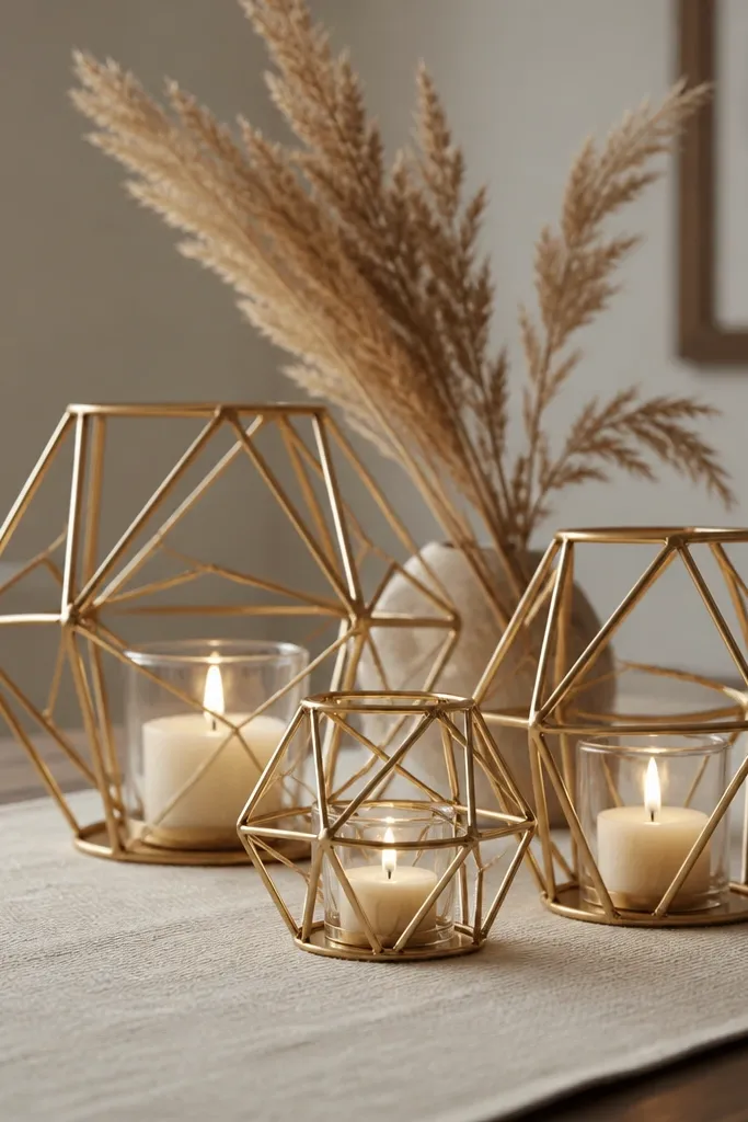 Geometric metal candle holders (gold tone) arranged on a neutral runner, with a bundle of dried grass stems tucked behind them.