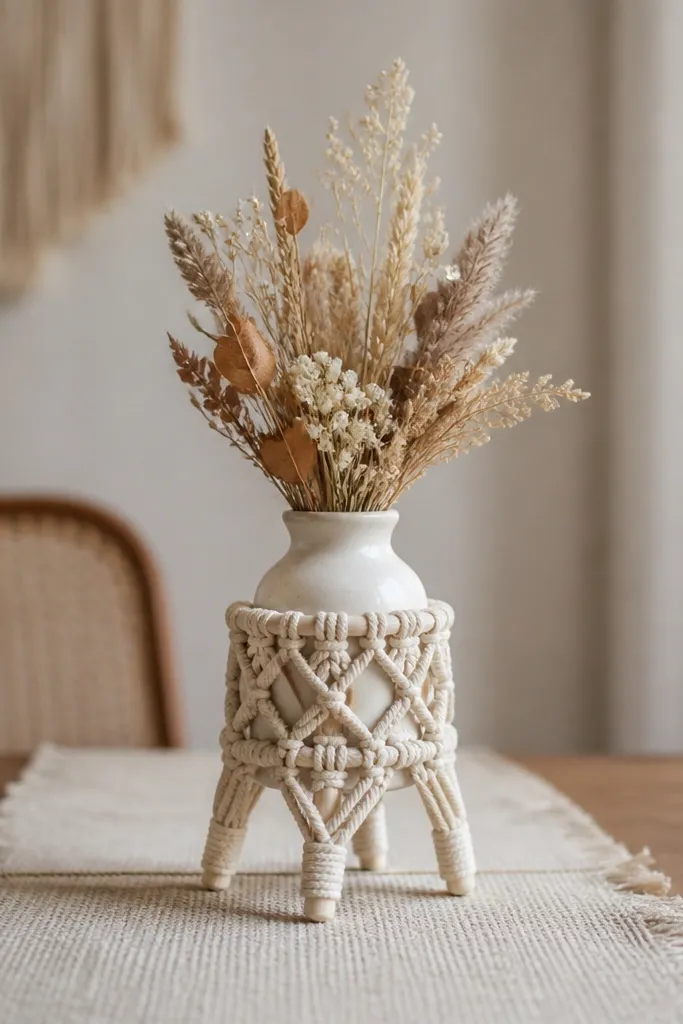 A small macramé-style rope holder used like a decorative stand holding a simple vase with dried flowers, centered on a table runner.