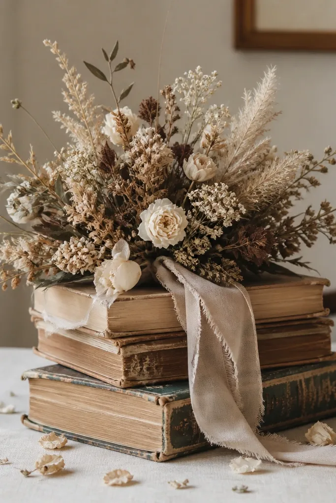 A centerpiece made from stacked vintage-style books with a dried bouquet placed on top, with a neutral ribbon and a few loose petals around the base.