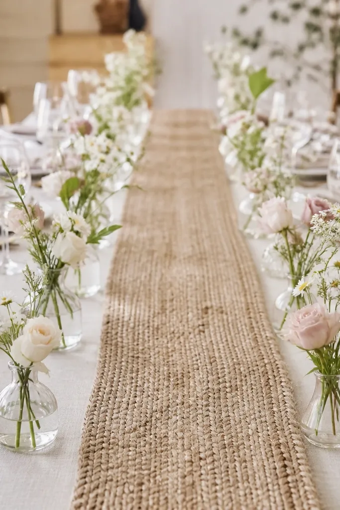 A long table setup with a braided jute runner down the center, and two rows of small bud vases at the ends of the runner.