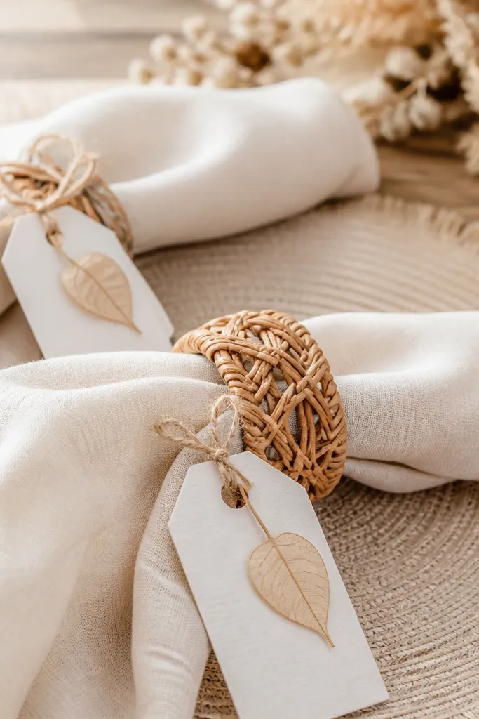 Close-up of rattan napkin rings on cream napkins, with place cards tied using twine and a tiny dried leaf charm, set on a boho table.