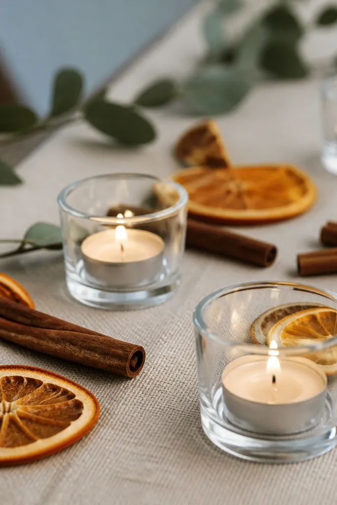 Tea lights in small glass holders with dried orange slices and cinnamon sticks laid around them on a linen table runner.