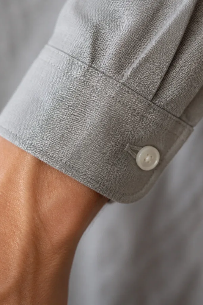 Close-up of a wrist cuff with a button-and-loop closure; the cuff sits flat around the wrist without gaps and the sleeve length reaches the wrist bone.