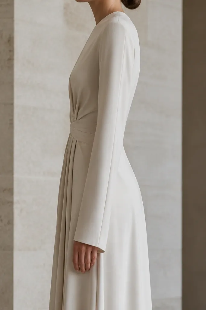 A side-view of a long sleeve gown showing a seam line running straight from elbow toward the forearm, with the fabric falling evenly.