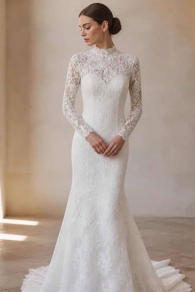 A model wearing a long sleeve wedding dress with a high neckline; the shoulders sit level and the sleeve top doesn’t sag.