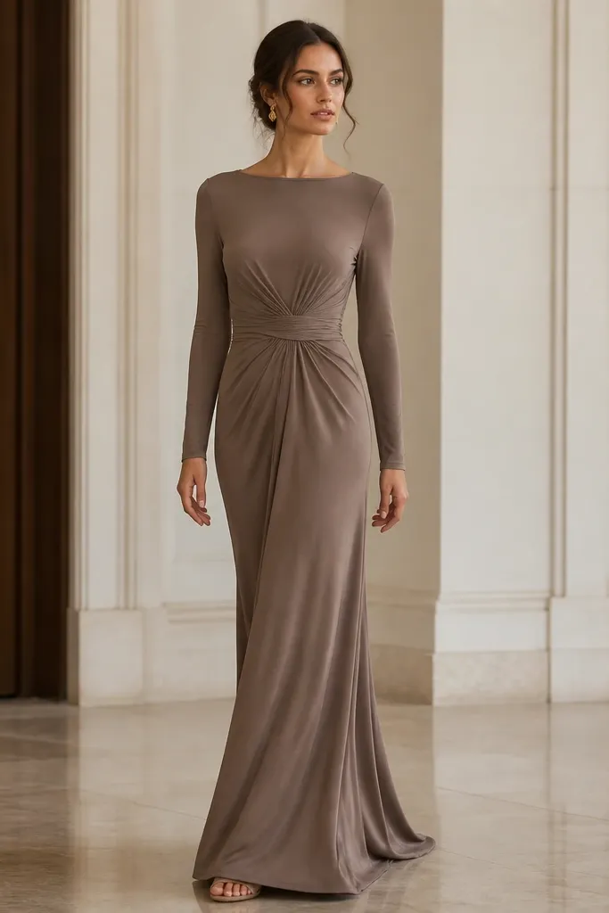 A full-length view where the gown hem skims the floor while the model walks; the long sleeves remain smooth with no fabric snagging at the hand.