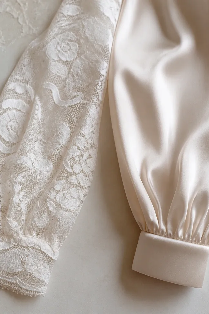 Two side-by-side sleeve fabrics: one lace sleeve panel with delicate stretch and one satin sleeve panel with a smoother, less forgiving structure.