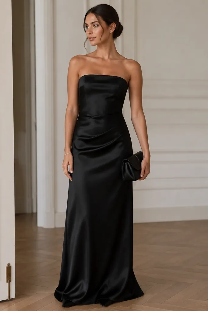 A floor-length black satin gown with a straight neckline, paired with small silver stud earrings, a slim tennis bracelet, and a black satin clutch; heels are simple and pointed-toe.