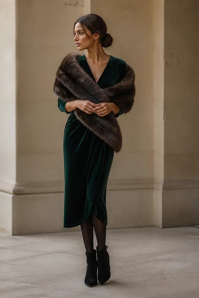 A deep emerald velvet midi dress styled with a wrap-style faux fur stole, black tights, and ankle-strap heeled boots; hair is in a low bun.